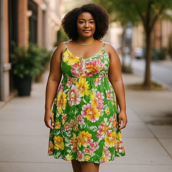 Womens Sz XL Dress Midi Green Tropical Floral Adjustable Straps Smocked Vacay - Picture 1 of 9